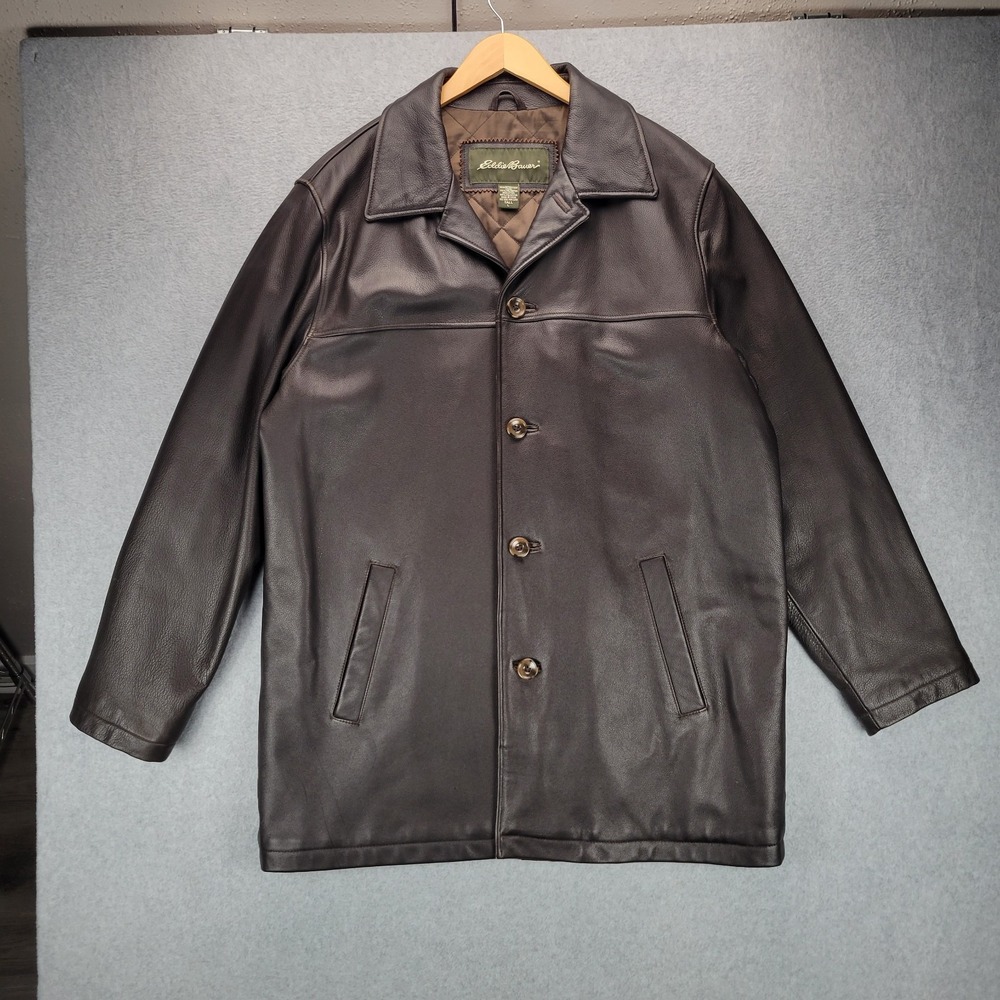 Y2K Eddie Bauer Mens Leather Jacket Pebbled Heavy Quilt Lined‎ Brown Large Tall
